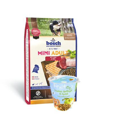 bosch MINI ADULT Lamb & Rice 3kg + Fruitees Apple 200g